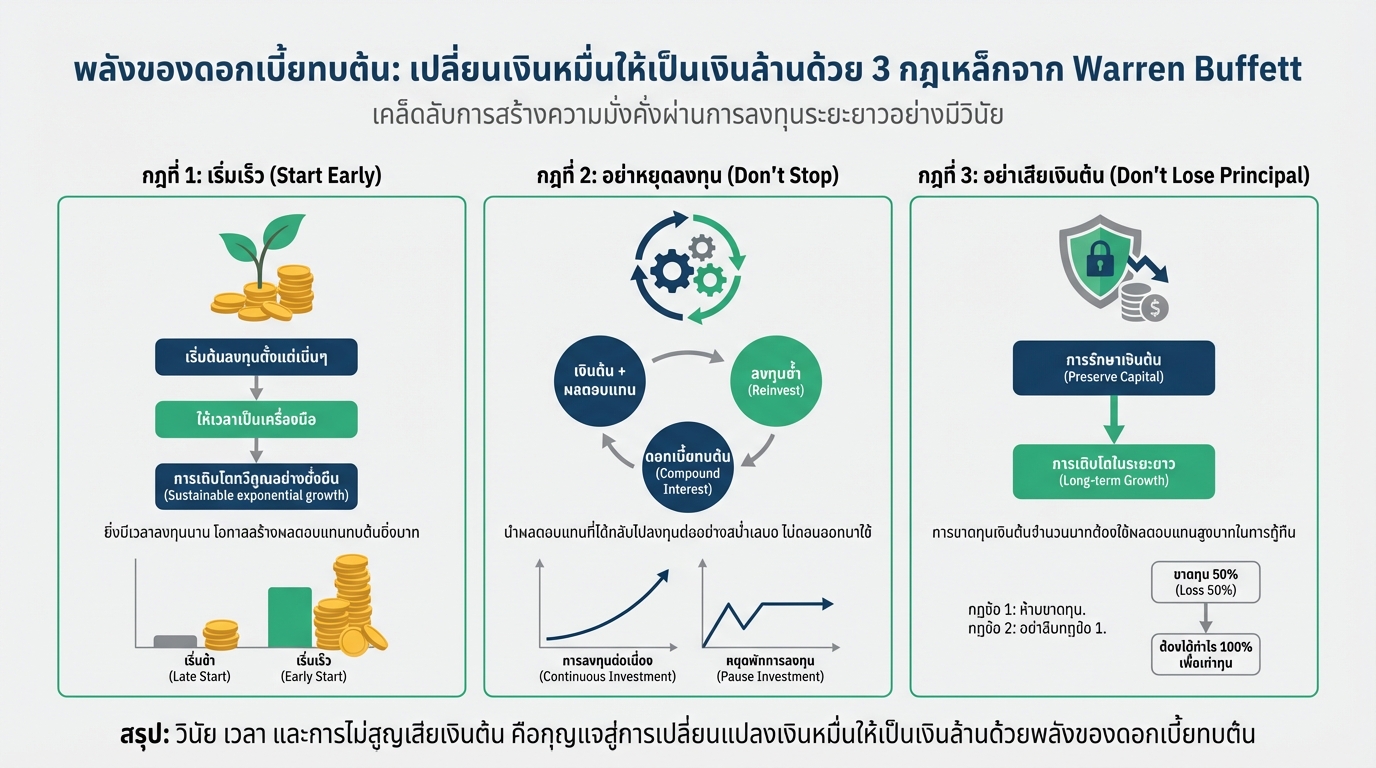 พลังดอกเบี้ยทบต้น: เปลี่ยนเงินหมื่นเป็นล้าน ด้วย 3 กฎเหล็ก Warren Buffett