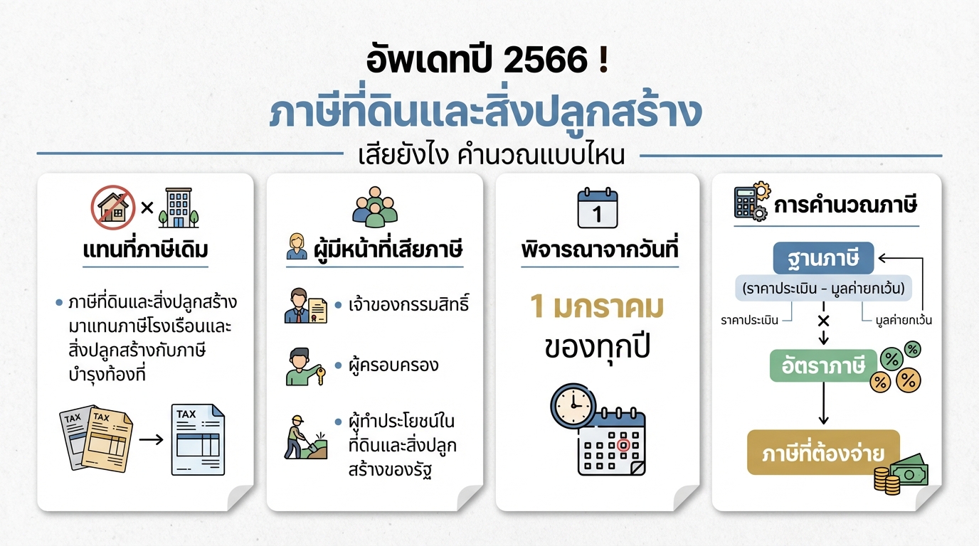 อัพเดทปี 2566 ! ภาษีที่ดินและสิ่งปลูกสร้าง เสียยังไง คำนวณแบบไหน