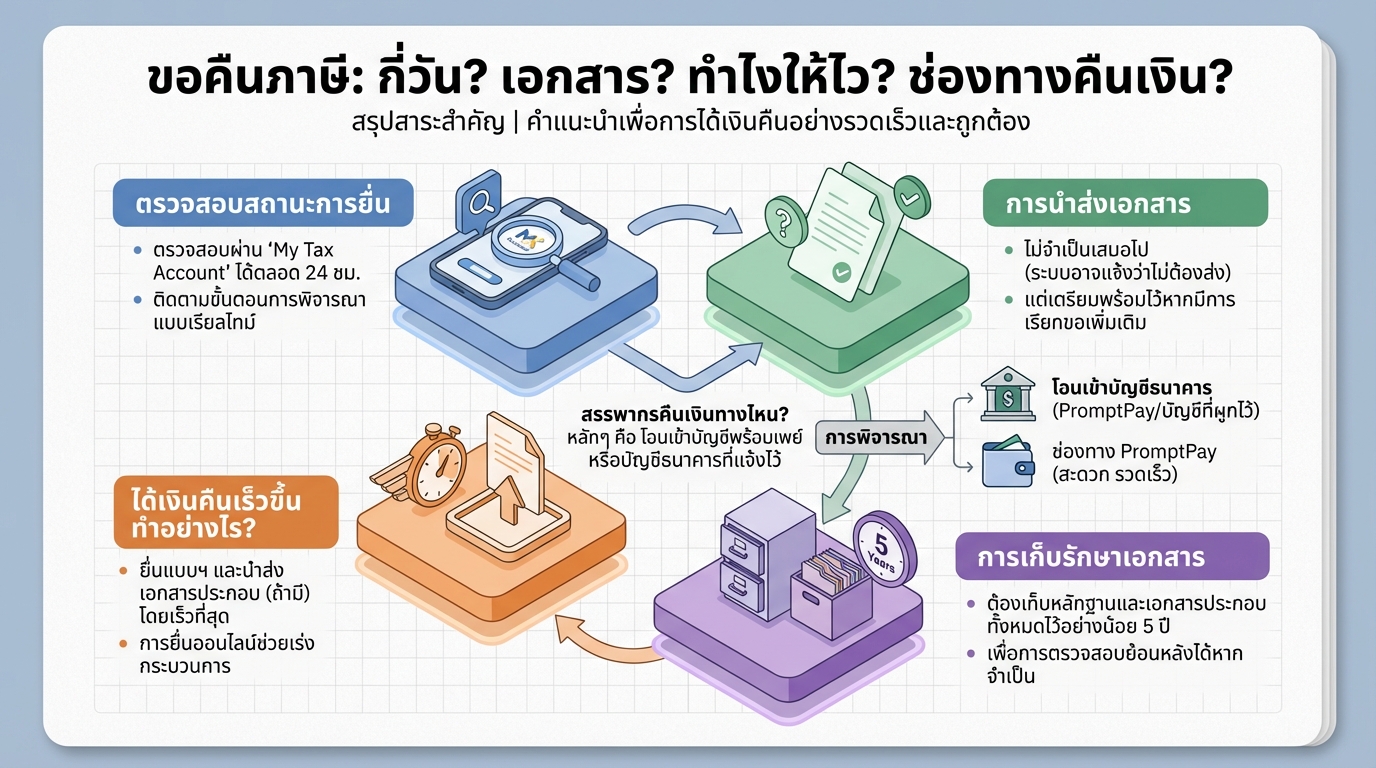 ขอคืนภาษีกี่วัน? ต้องส่งเอกสารไหม? ได้เงินคืนทางไหน?