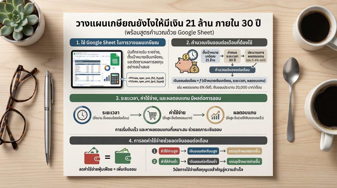 วางแผนเกษียณ 21 ล้าน: สูตรคำนวณง่ายๆ ด้วย Google Sheet
