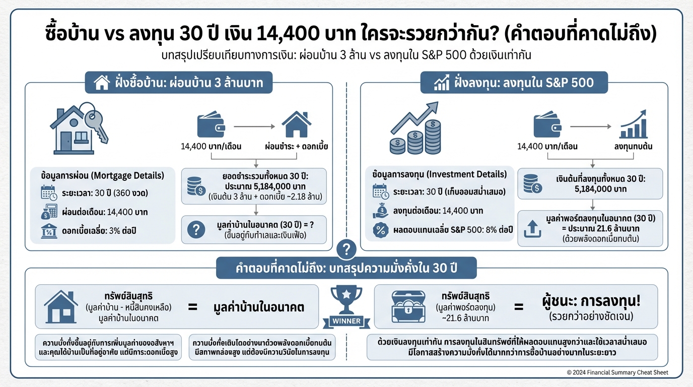 ซื้อบ้าน vs ลงทุน 30 ปี เงิน 14,400 บาท ใครรวยกว่า?