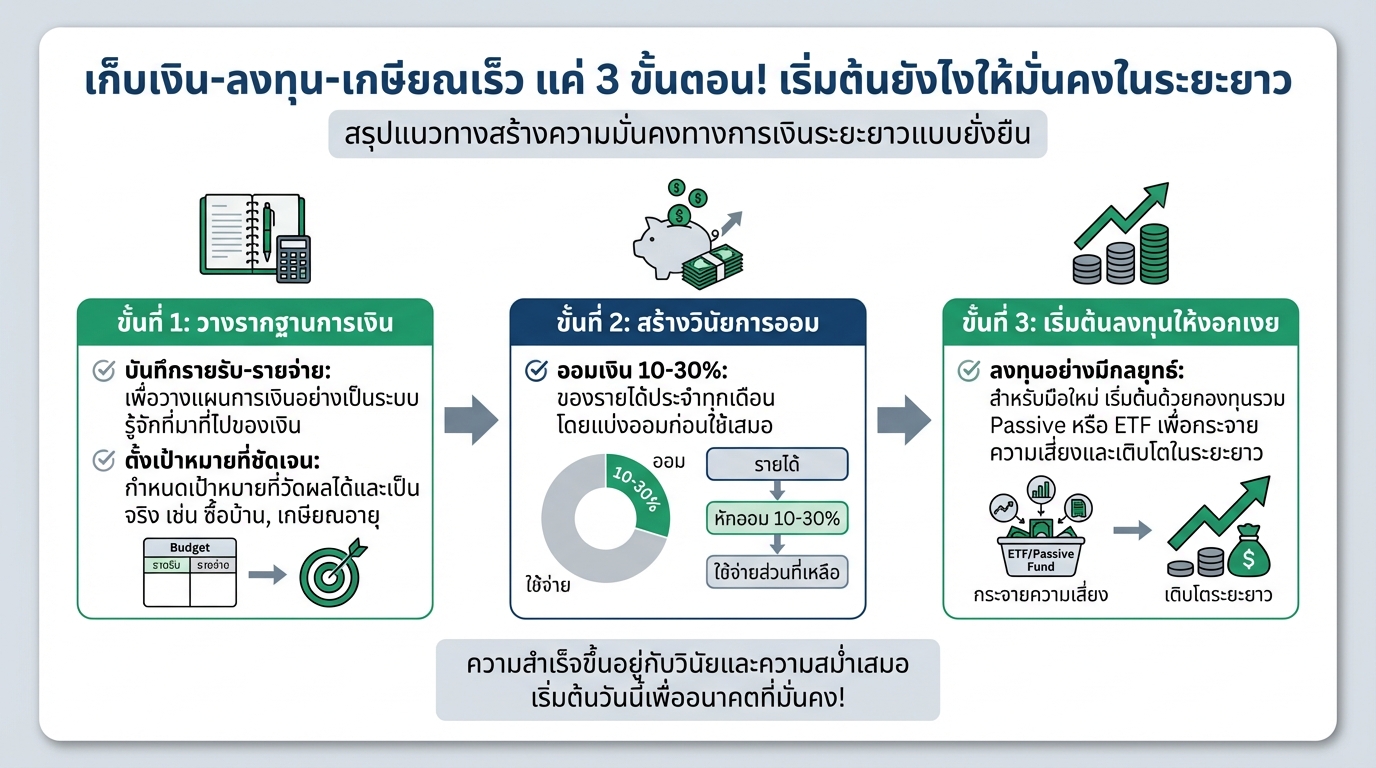 เก็บเงิน ลงทุน เกษียณเร็ว: 3 ขั้นตอนสู่ความมั่นคงทางการเงิน