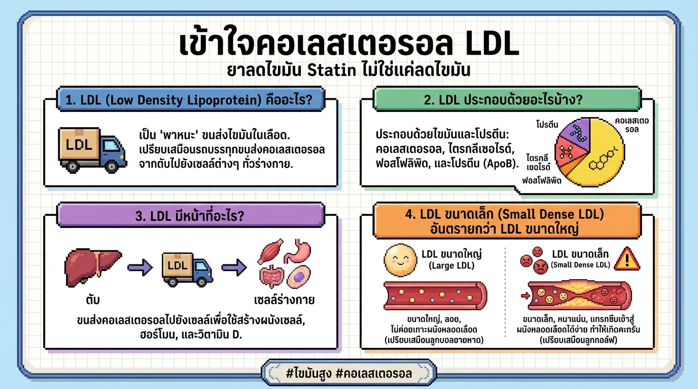 เข้าใจคอเลสเตอรอล LDL: ไขมันสูง ยาลดไขมัน Statin และสุขภาพหัวใจ