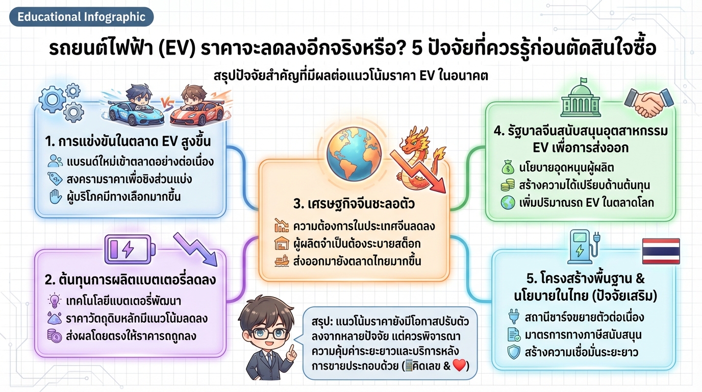 รถยนต์ไฟฟ้า (EV) ราคาจะลดลงอีก? 5 ปัจจัยที่ต้องรู้ก่อนซื้อ