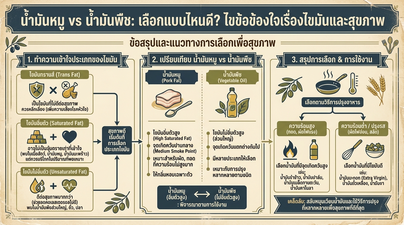 น้ำมันหมู vs น้ำมันพืช: เลือกแบบไหนดี? ไขข้อข้องใจเรื่องไขมันและสุขภาพ