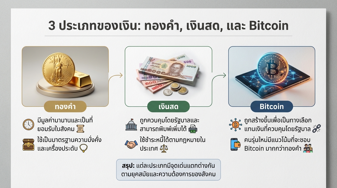 3 ประเภทของเงิน: ทองคำ, เงินสด, และ Bitcoin