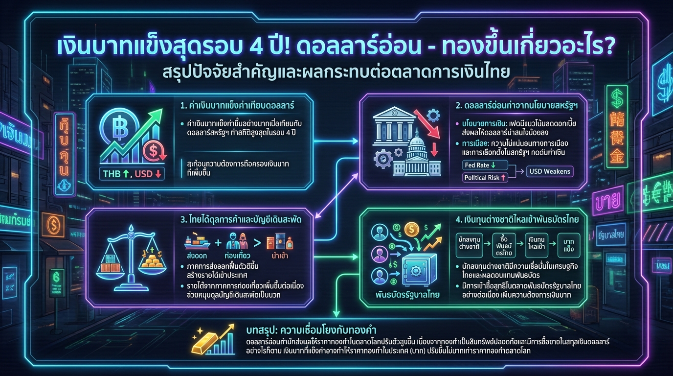 เงินบาทแข็งค่า! ดอลลาร์อ่อน ทองขึ้นเกี่ยวอะไร? เจาะลึก 6 ปัจจัย | การงง การเงิน