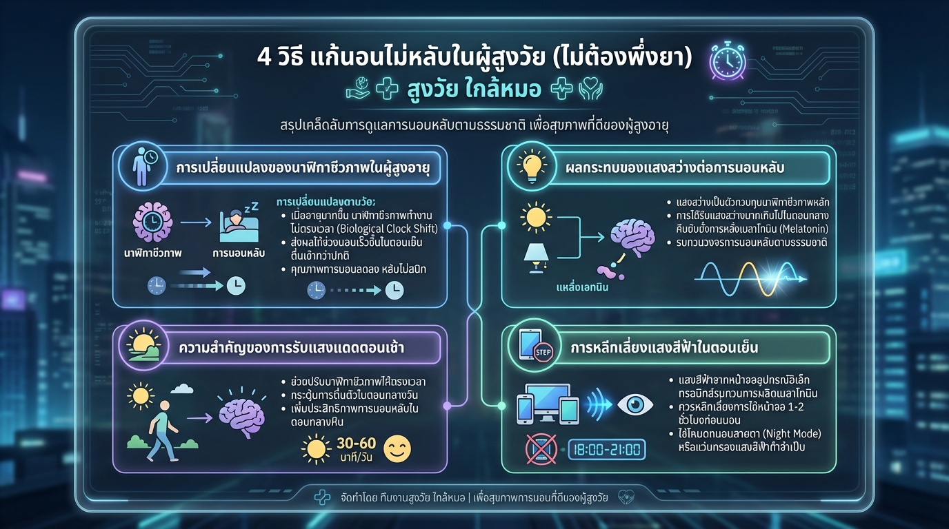 4 วิธี แก้นอนไม่หลับในผู้สูงวัย (ไม่ต้องพึ่งยา) | สูงวัย ใกล้หมอ