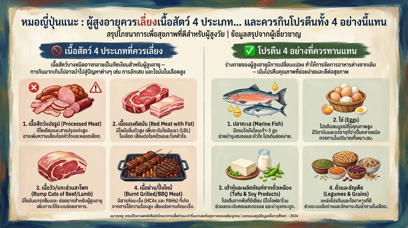 หมอญี่ปุ่นแนะ: ผู้สูงอายุควรเลี่ยงเนื้อสัตว์ 4 ประเภท… โปรตีนทางเลือกเพื่อสุขภาพ