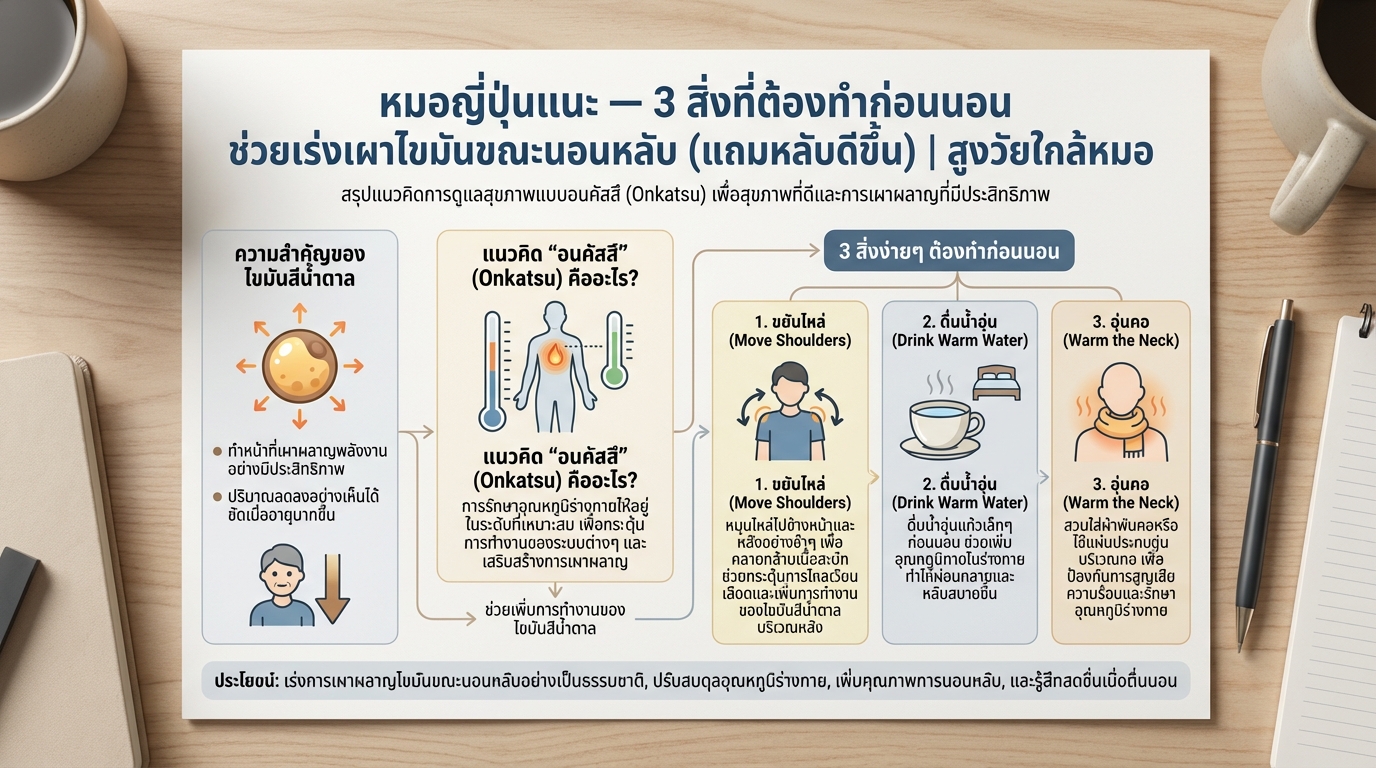 หมอญี่ปุ่นแนะ 3 สิ่งก่อนนอน เร่งเผาไขมันขณะหลับ! | สูงวัยใกล้หมอ