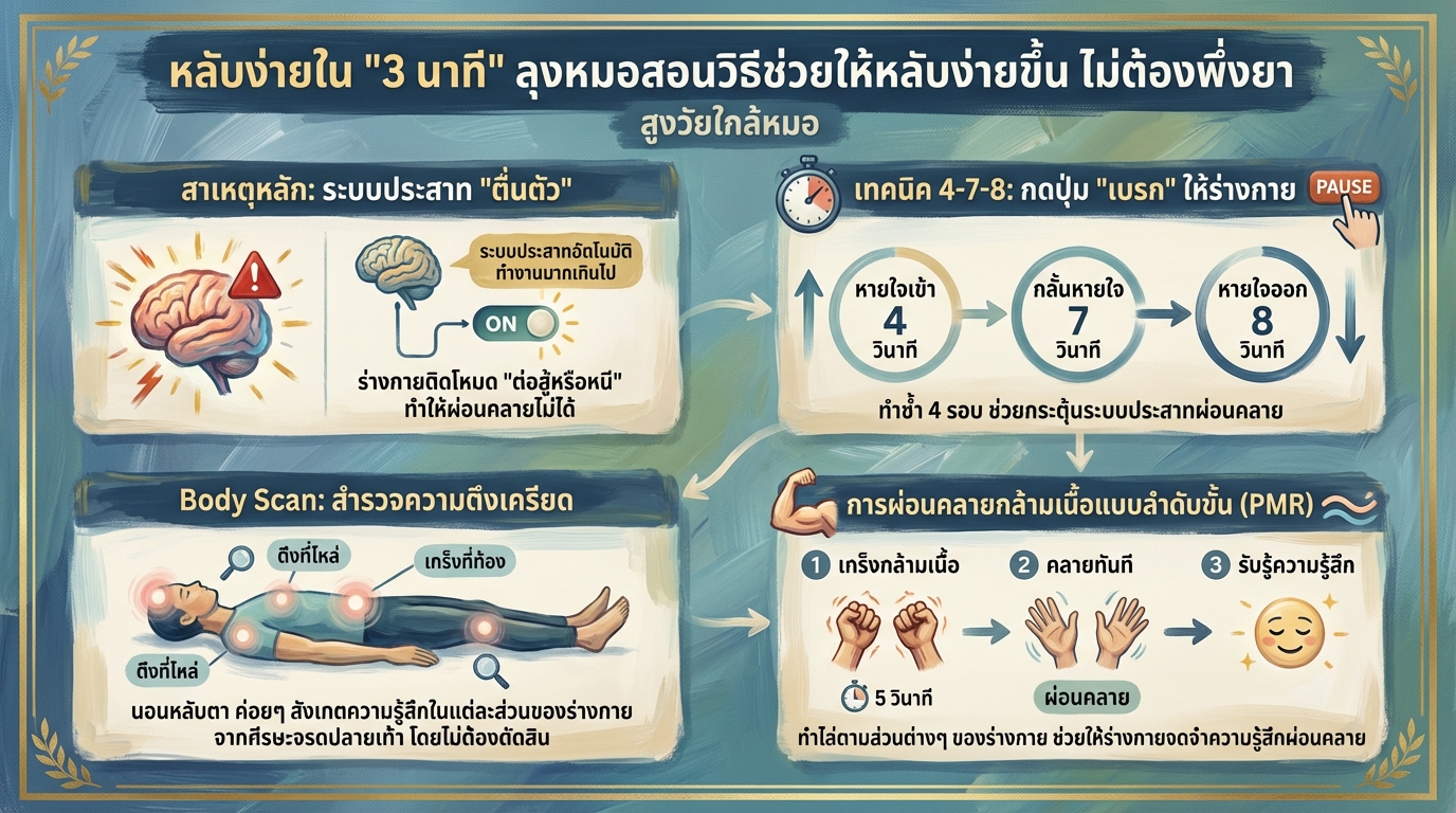 หลับง่ายใน 3 นาที: ลุงหมอเผยเคล็ดลับนอนหลับ ไม่ต้องพึ่งยา