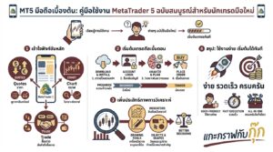 อินโฟกราฟิกสรุปเรื่อง สอนใช้ MT5 มือถือเบื้องต้น | หน้า Quotes, Chart, Trade คืออะไร? ใช้งานยังไง?