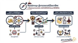 อินโฟกราฟิกสรุปเรื่อง Roadmap วิธีฝึกเทรด EP.3 - 3 Step เป็นเทรดเดอร์มืออาชีพ วิธีเทรดทอง-คริปโตให้มีกำไรและได้ใช้ชีวิต