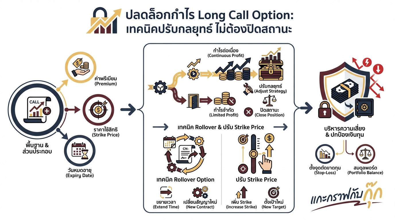 อินโฟกราฟิกสรุปเรื่อง เทคนิคเทรด Option ทำกำไร Long Call โดยไม่ต้องปิด | แปลงร่างเป็นกลยุทธ์ใหม่